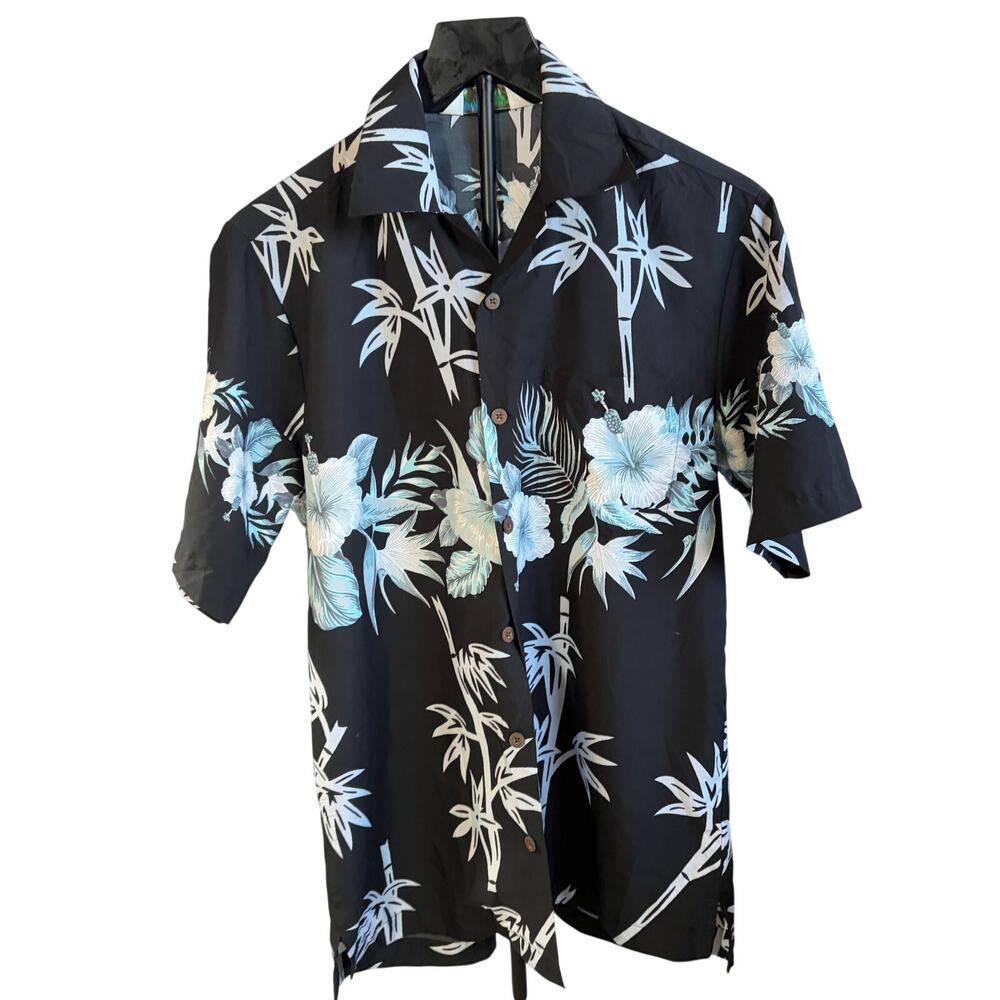 Alvish Vintage mens black Hawaiian shirt blue white flowers.  Size S.  vacation
